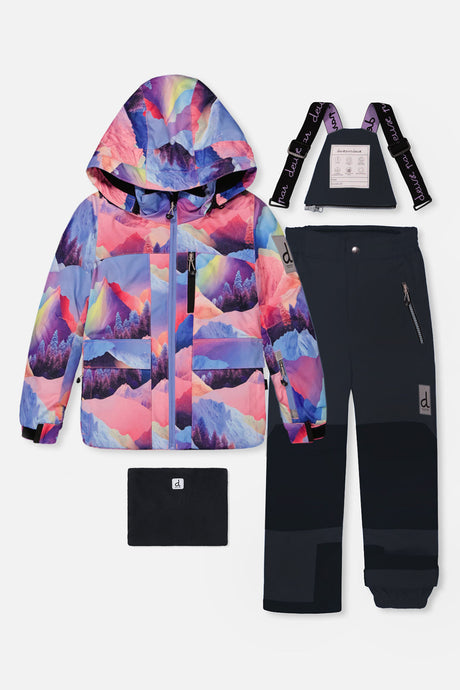 Deux par Deux girls' snowsuit with a pink mountain-print jacket, black snow pants, suspenders and neckwarmer