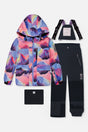 Deux par Deux girls' snowsuit with a pink mountain-print jacket, black snow pants, suspenders and neckwarmer