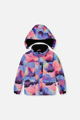 Deux par Deux pink mountain-print winter jacket with the matching hood detached above the collar