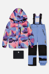 Deux par Deux PLAY two-piece snowsuit in Pink Mountain Print with Blue Pants — main product view