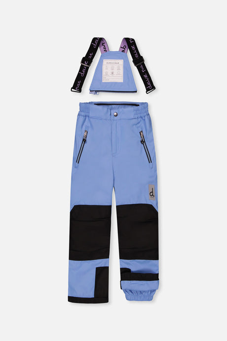 Deux par Deux girls' PLAY snowsuit with pink mountain-print jacket and blue snow pants, another studio view