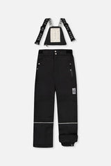 Deux par Deux boys' Teknik two-piece snowsuit in black and royal blue – snow pants with suspenders, front view