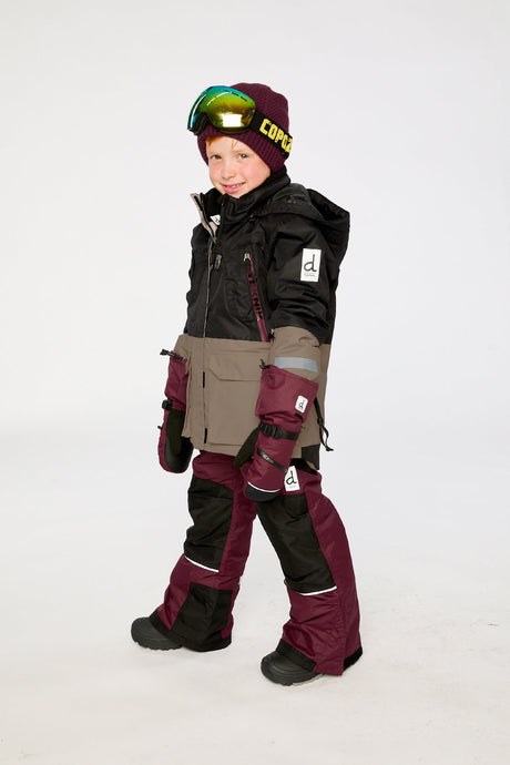 Deux par Deux black beige burgundy TEKNIK snowsuit shown from an alternate modeled angle