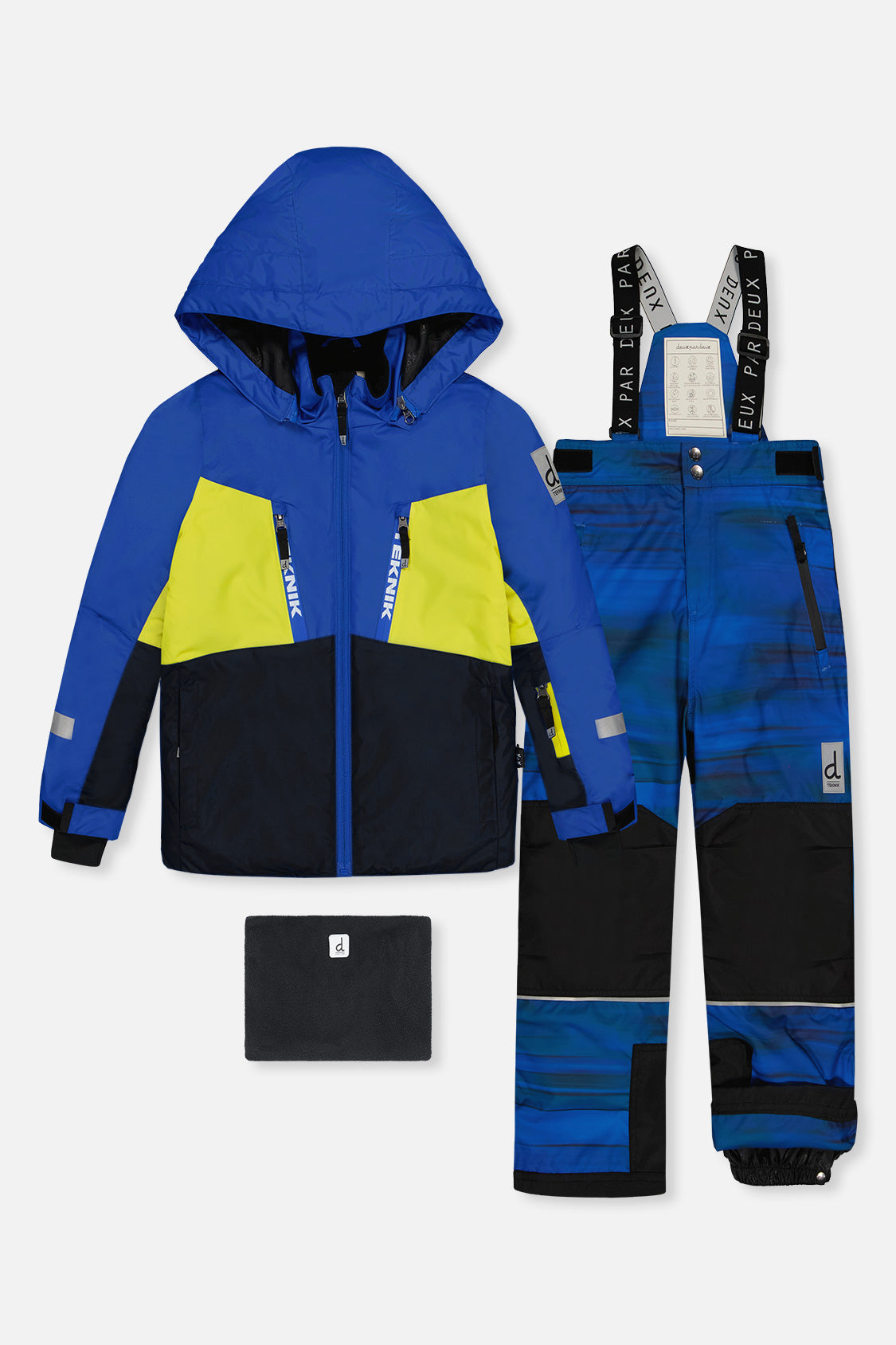 Deux par Deux TEKNIK two-piece snowsuit in Royal Blue and Yellow — main product view