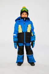 Child wearing the Deux par Deux TEKNIK two-piece snowsuit in Royal Blue and Yellow in a winter lookbook view