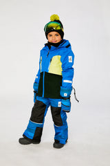 Deux par Deux TEKNIK two-piece snowsuit in Royal Blue and Yellow shown from an alternate modeled winter angle