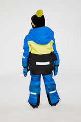 Alternate winter lookbook view of the Deux par Deux TEKNIK two-piece snowsuit in Royal Blue and Yellow
