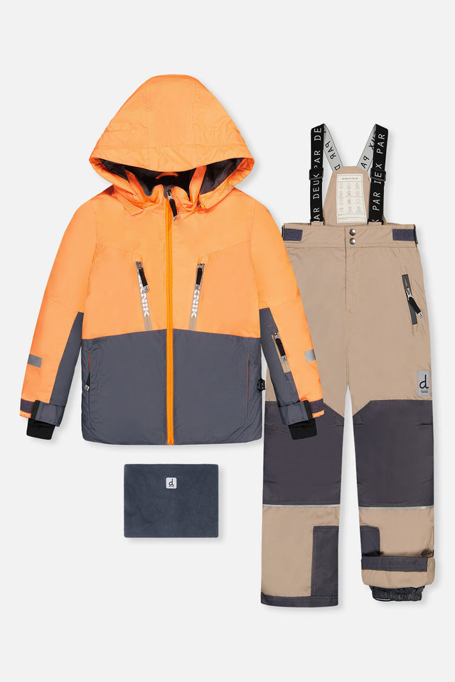 Deux par Deux boys Teknik two-piece snowsuit in bright orange grey and taupe