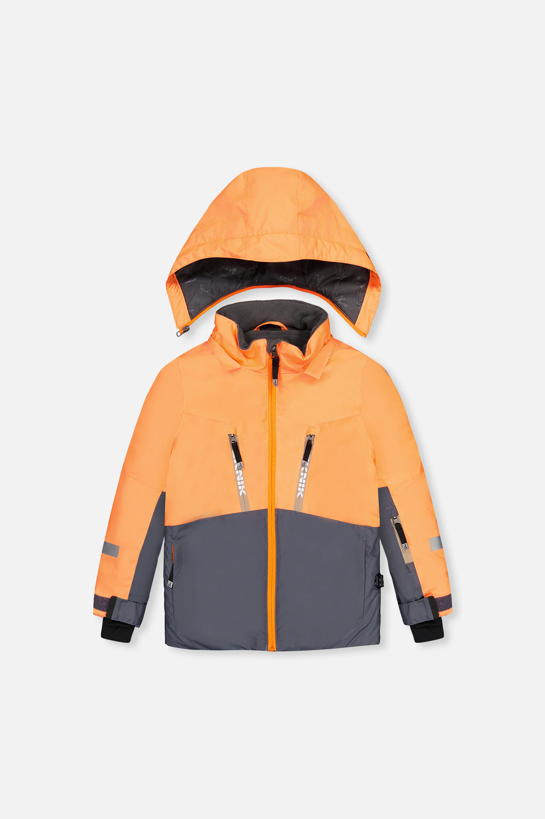 Bright orange grey and taupe Deux par Deux boys two-piece Teknik snowsuit
