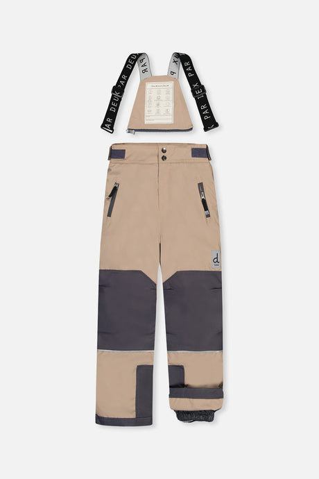 Taupe and grey snow pants for the TEKNIK snowsuit, front view with suspenders
