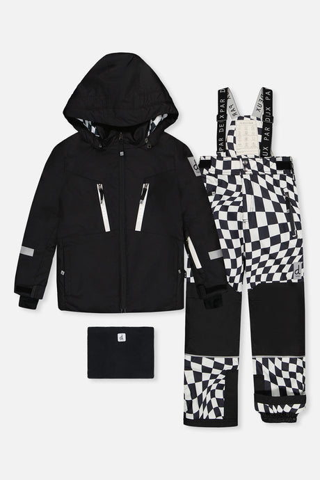 Deux par Deux boys Teknik two-piece snowsuit in black and white checkered print
