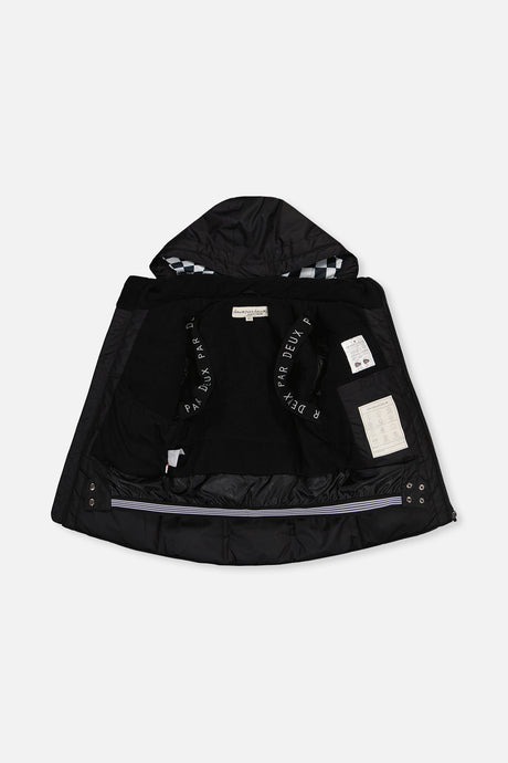 Black TEKNIK jacket opened to show the fleece lining, inner straps and pocket