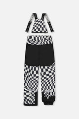 Back of the black and white checkered snow pants with suspenders and reinforced seat