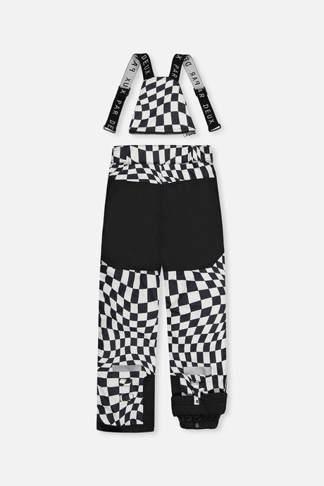 Back of the black and white checkered snow pants with suspenders and reinforced seat