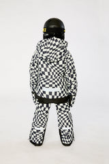 Alternate winter lookbook view of the Deux par Deux TEKNIK two-piece snowsuit in White Checkered Print