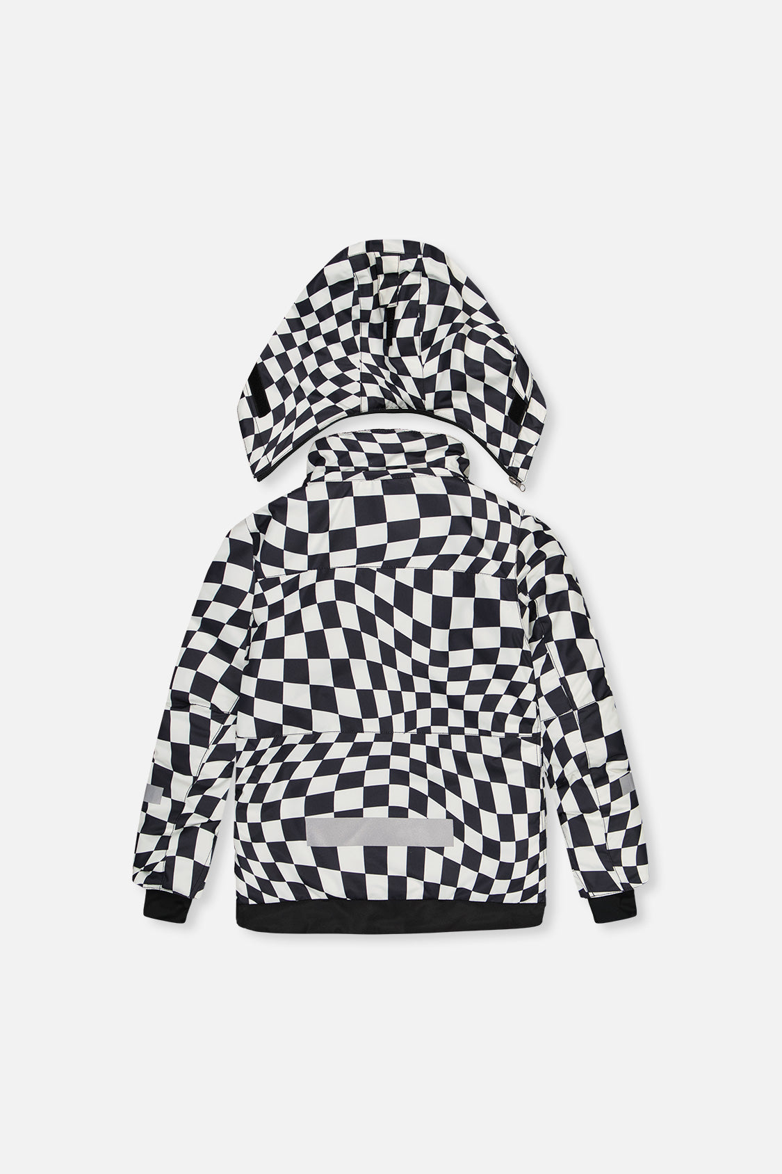 Back view of the black and white checkered TEKNIK jacket with hood
