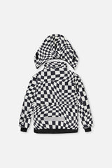 Back view of the black and white checkered TEKNIK jacket with hood