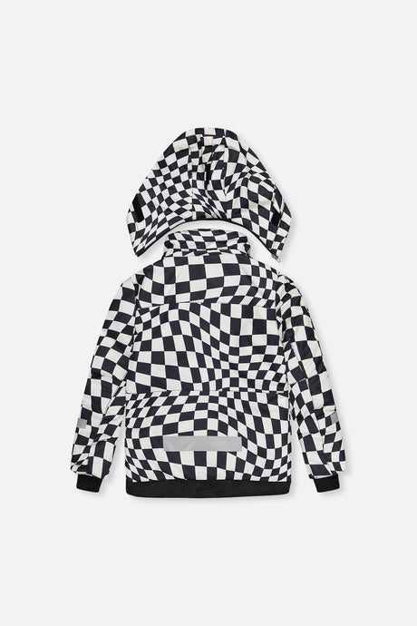 Back view of the black and white checkered TEKNIK jacket with hood