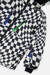 Close-up of the checkered jacket with blue and green zipper pulls