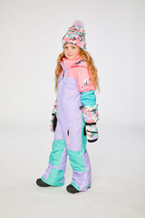 Deux par Deux lavender turquoise orange TEKNIK one-piece snowsuit shown from an alternate modeled angle