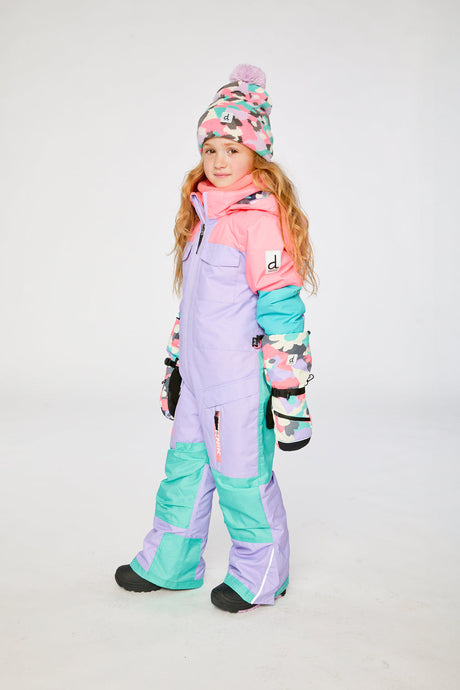 Deux par Deux lavender turquoise orange TEKNIK one-piece snowsuit shown from an alternate modeled angle