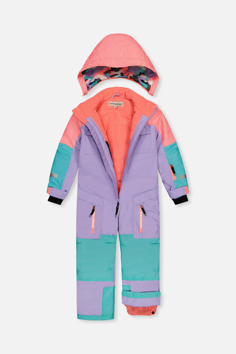 Deux par Deux lavender, turquoise and orange Teknik one-piece snowsuit, detail view 1