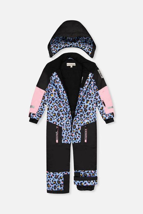 Deux par Deux girls' TEKNIK one-piece snowsuit in blue leopard print – alternate view
