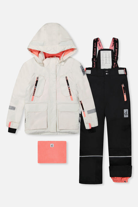 Deux par Deux girls' Teknik two-piece snowsuit, off-white and pink jacket with black pants – jacket, snow pants and neck warmer, front view