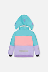 Deux par Deux girls' Teknik snowsuit, turquoise-orange-mauve color-block jacket, camo pants – jacket, back view