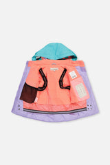 Deux par Deux girls' Teknik snowsuit, turquoise-orange-mauve color-block jacket, camo pants – jacket open to show the lining