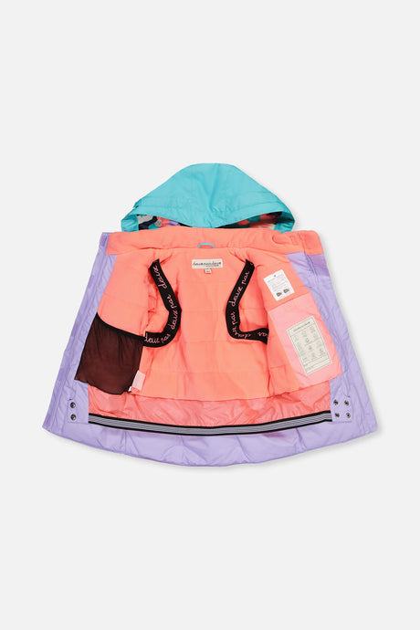 Deux par Deux girls' Teknik snowsuit, turquoise-orange-mauve color-block jacket, camo pants – jacket open to show the lining