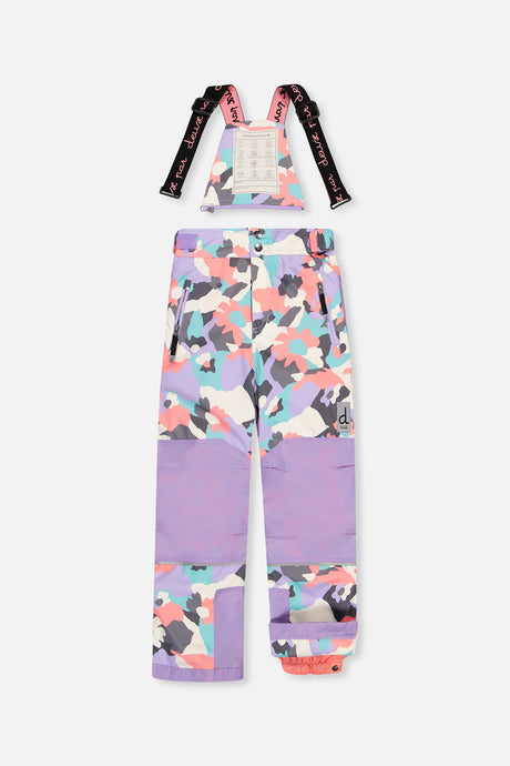 Deux par Deux girls' Teknik snowsuit, turquoise-orange-mauve color-block jacket, camo pants – snow pants with suspenders, front view
