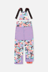 Deux par Deux girls' Teknik snowsuit, turquoise-orange-mauve color-block jacket, camo pants – snow pants, back view