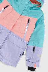 Deux par Deux girls' Teknik snowsuit, turquoise-orange-mauve color-block jacket, camo pants – jacket detail close-up