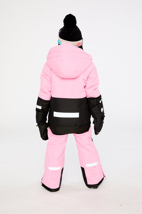 Child wearing the pink Deux par Deux Teknik two-piece snowsuit, lookbook photo 4