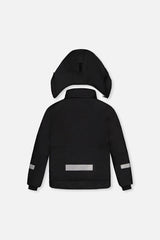 Deux par Deux girls' Teknik snowsuit, black jacket and pink-blue mountain print pants – jacket, back view
