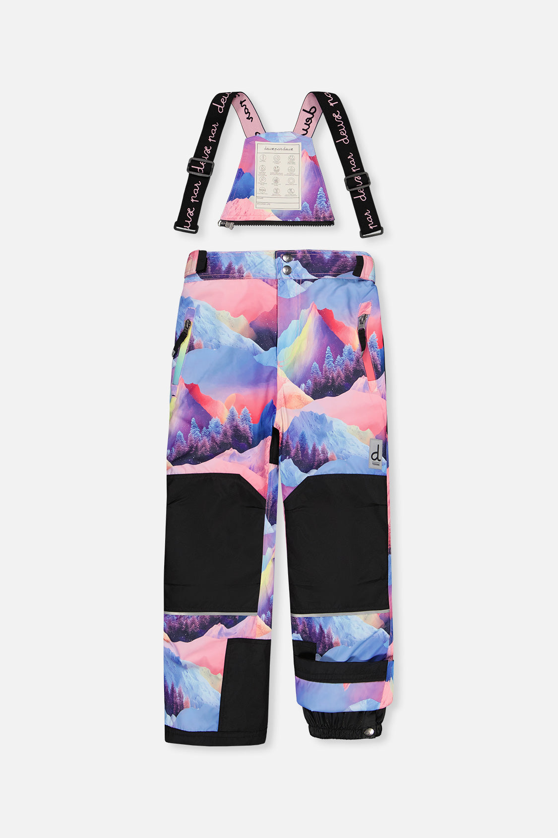 Deux par Deux girls' Teknik snowsuit, black jacket and pink-blue mountain print pants – snow pants with suspenders, front view