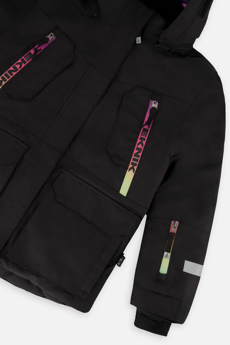 Deux par Deux girls' Teknik snowsuit, black jacket and pink-blue mountain print pants – jacket detail close-up