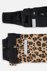 Deux par Deux girls' Teknik two-piece snowsuit, black jacket with leopard print pants – sleeve cuff and pant hem details