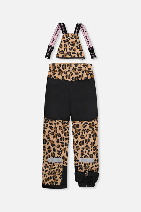 Deux par Deux girls' Teknik two-piece snowsuit, black jacket with leopard print pants – snow pants, back view