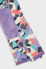 Deux par Deux girls' Teknik two-piece snowsuit in coral camouflage print with lilac panels – snow pant leg and hem detail