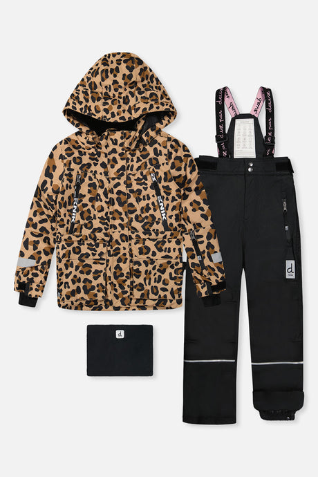 Deux par Deux girls' Teknik two-piece snowsuit, leopard print jacket with black pants – jacket, snow pants and neck warmer, front view
