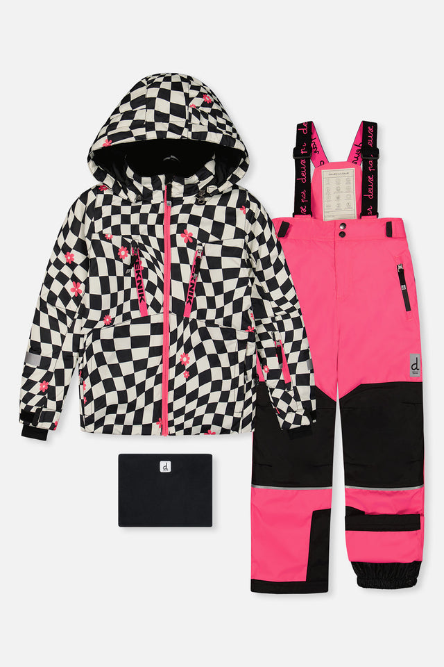 Deux par Deux girls Teknik two-piece snowsuit in bright pink with checkered details