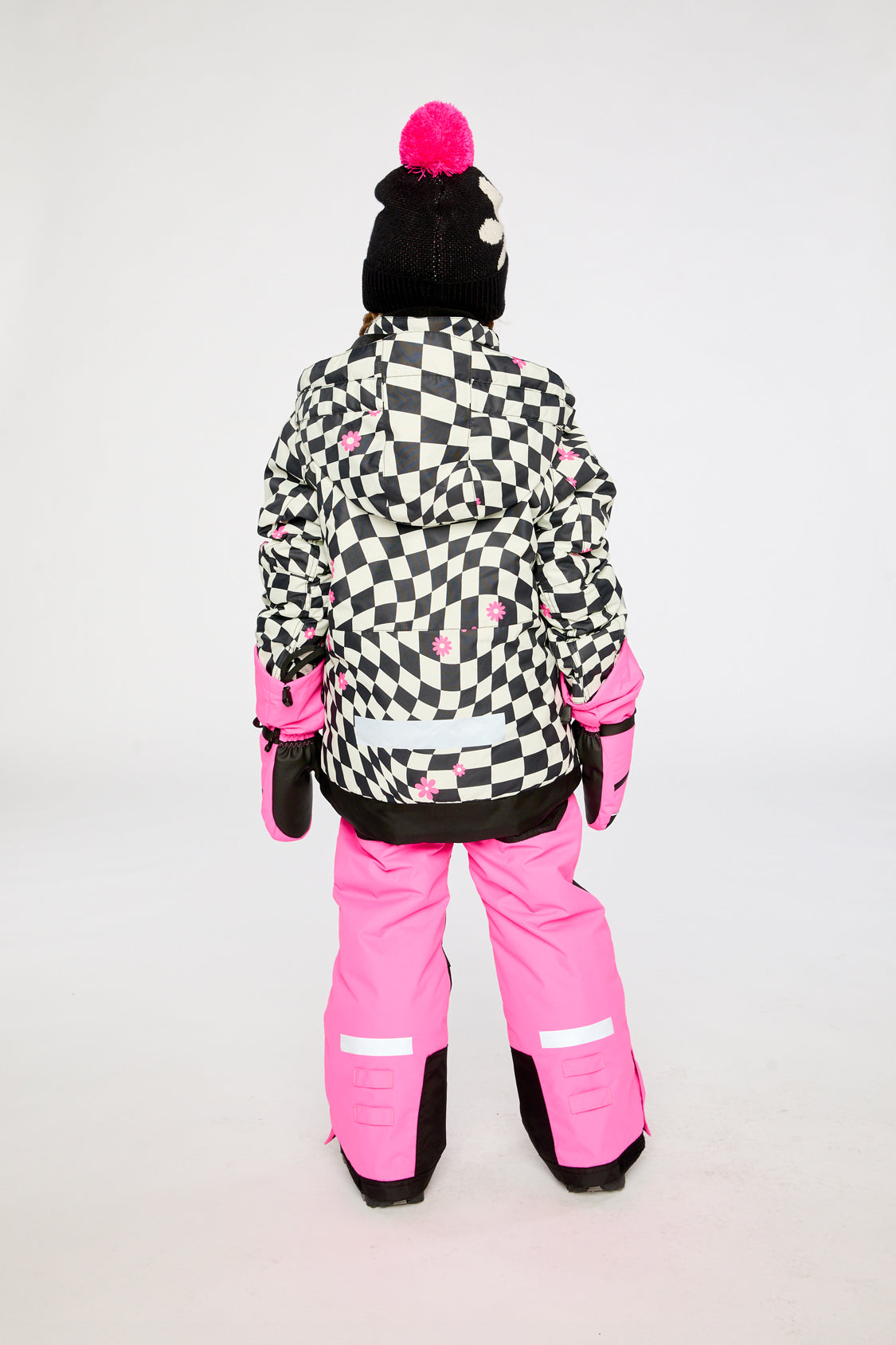 Bright pink checkered Deux par Deux girls winter snowsuit with Cordura reinforcement