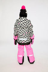 Bright pink checkered Deux par Deux girls winter snowsuit with Cordura reinforcement