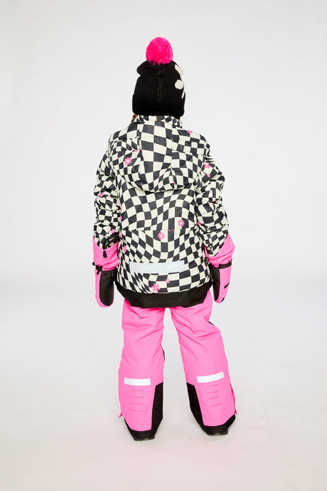 Bright pink checkered Deux par Deux girls winter snowsuit with Cordura reinforcement