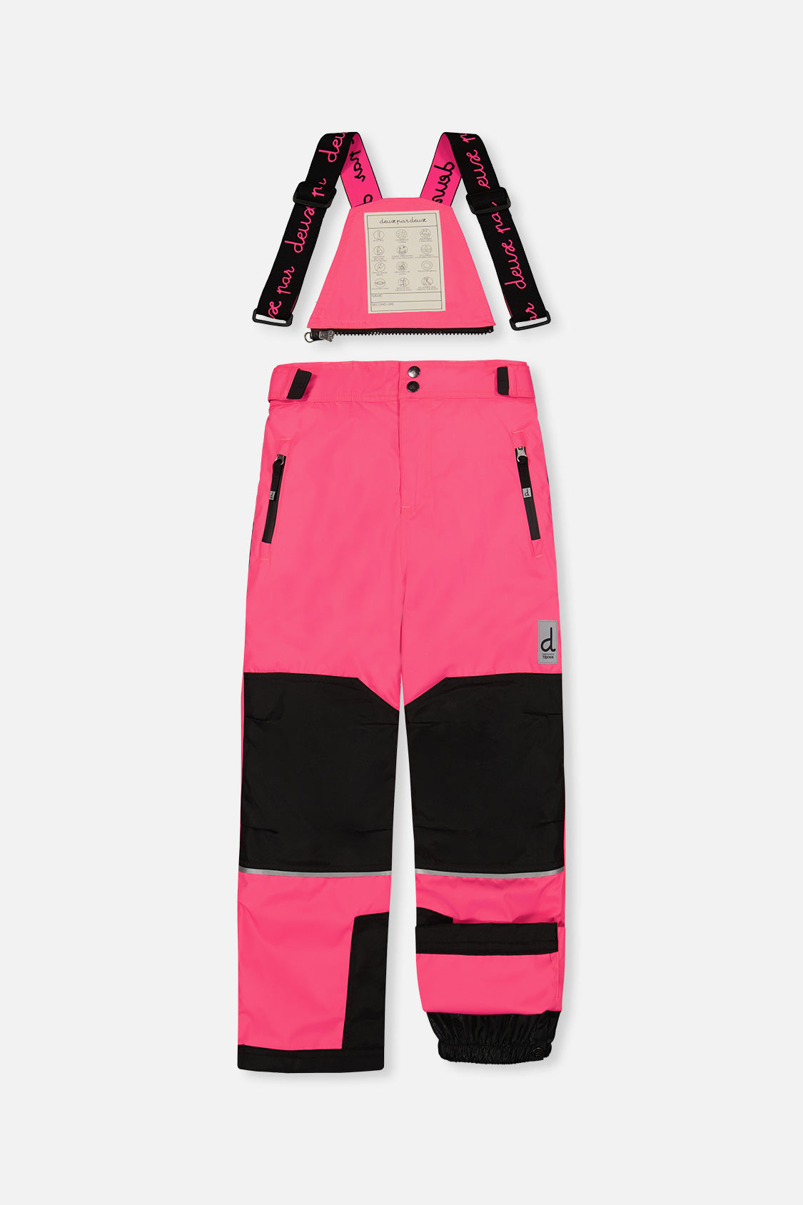 Deux par Deux girls' TEKNIK two-piece snowsuit in bright pink checkered print, another studio view