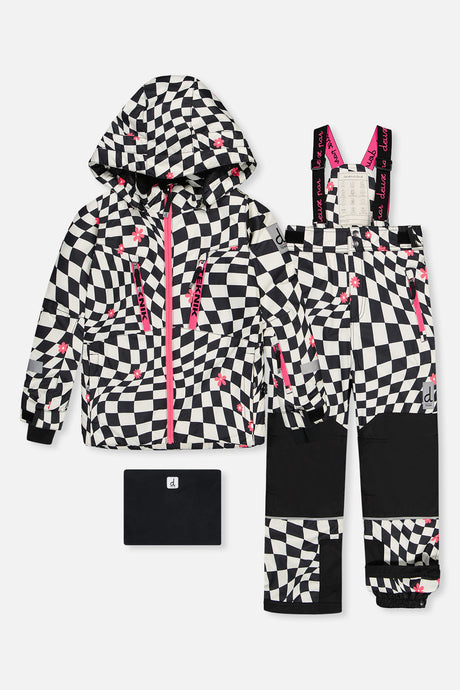 Deux par Deux TEKNIK two-piece snowsuit in White and Bright Pink Checkered Print — main product view