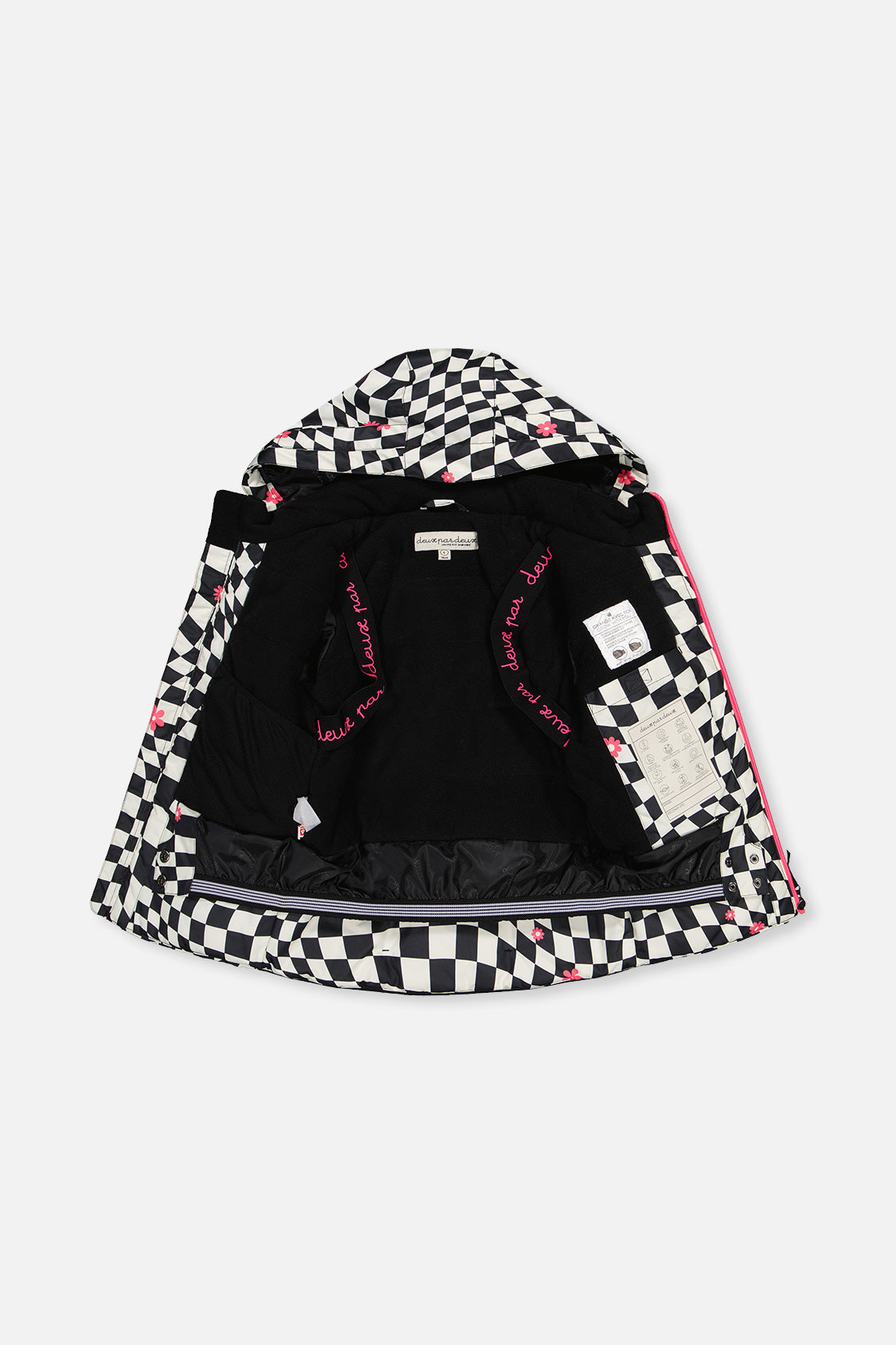 Checkered TEKNIK jacket opened to show the fleece lining, inner straps and pocket