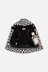Checkered TEKNIK jacket opened to show the fleece lining, inner straps and pocket